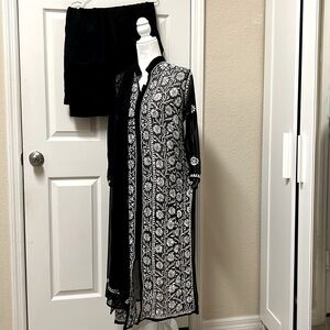 Pakistani Indian shalwar kameez 4 piece suit black color  white hand work #279